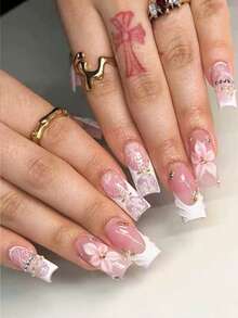 24pcs Rectangular Acrylic Nail Stickers, Nude Lace 3D Floral Nail Decals, Luxury Rhinestone French Manicure, Comes With 1pc Jelly Gel, 1pc Nail Buffer Block - Pink - View 6