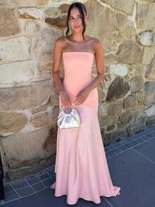 Strapless Mermaid Maxi Dress With Tulle In The European And American Style - Pink - View 4