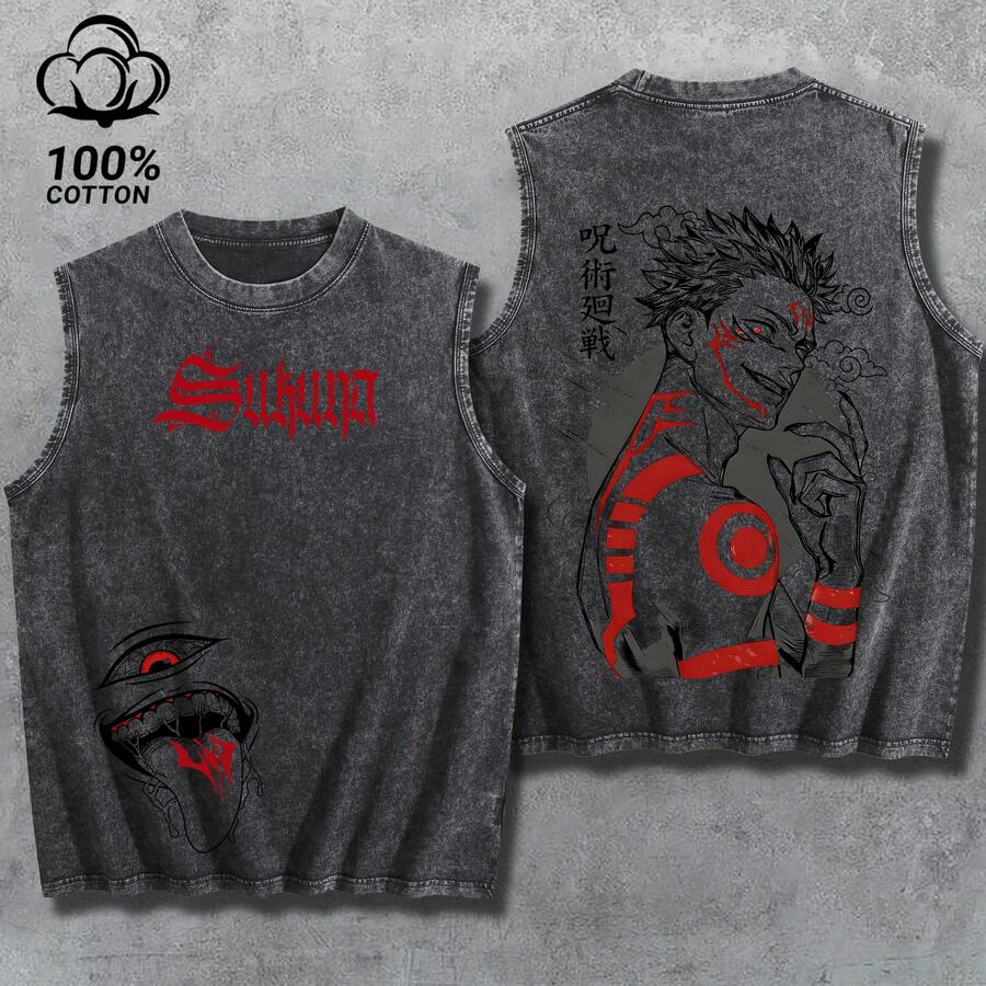 Sukuna T-Shirt Washed Vest -Juju-Tsukaiseneexecution Movie Featured Game ArcVintage Thick Cotton Double-Sided Printed Cartoon T-Shirt Vest, Vintage UnisexStreetwear Graphic Topcoat T-Shirt, RyomenSukuna'sVessel Cursed King Edition, JJK Japanese Otaku Gift T-Shirt Summer Jacket T-Shirt. - màu đen - Xem 1