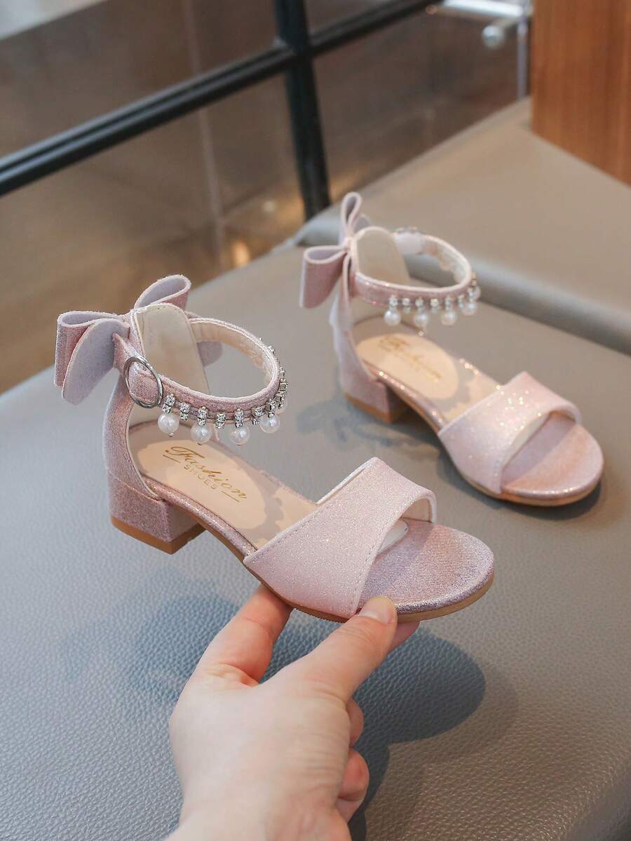 1 đôi sandal cao gót màu hồng lấp lấp đính đá cho bé gái, kiểu dáng công chúa hở mũi, mềm mại, chống trơn trượt, có khóa cài, thời trang, đa năng, thích hợp cho hoạt động ngoài trời, giày dự tiệc thoáng khí cổ điển cho trẻ em. - Hồng - Xem 1