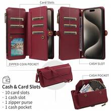 1pc Multifunctional Card Slot Crossbody Strap Wallet Phone Case Compatible With Apple 17 Pro Max/ A16, Faux Leather - Burgundy - View 3