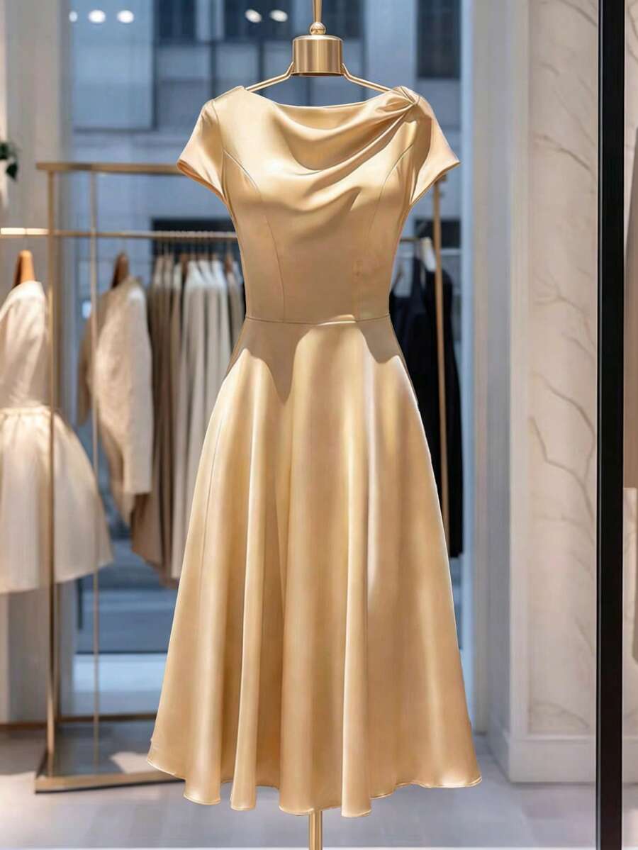 Women's Casual Elegant Versatile Solid Color Design Draped Cowl Neck Set-In Sleeves Slim Fit Back Zipper Closure Defined Waistline Flared A-Line Hem Midi Dress, Spring Summer - Champagne - View 1