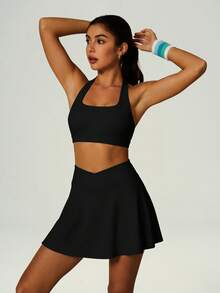 UONNOU 2pcs Tennis Sports Set, Camisole Sports Bra And V-Waist Design Skirt, Suitable For Fitness And Golf - Black - View 9