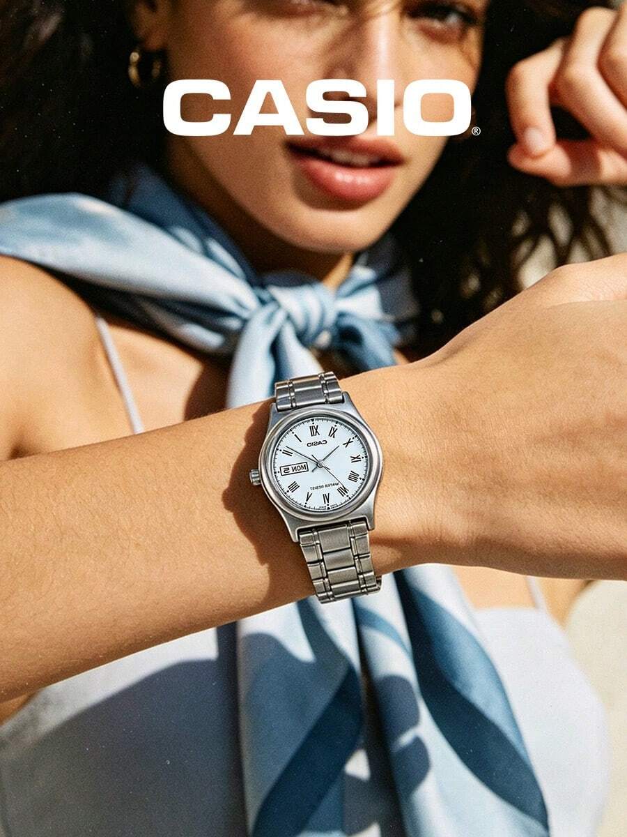 Casio 女士模拟腕表 LTP-V006D-7B2,罗马数字蓝色表盘,不锈钢表带,日期显示,防水 - 复古优雅女士腕表,适合办公室、派对、婚礼等场合佩戴 - 藍色 - 查看 1