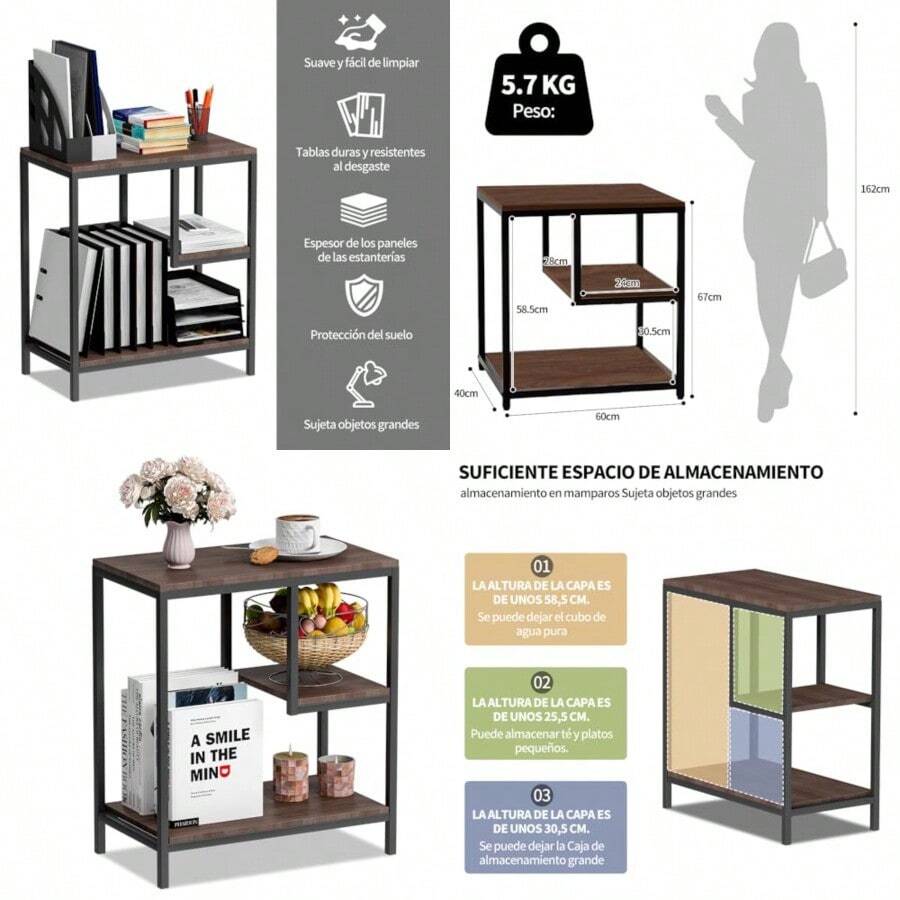 FBXGT Mesa Auxiliar Librerías Industriales de Metal Mesa para Sala Moderna Pequeño Multifuncionales Mesa de Noche de Organización con Estante para Cocina Dormitorio y Office60CM * 40CM * 67CM - 60 40 67 cm - Ver 1