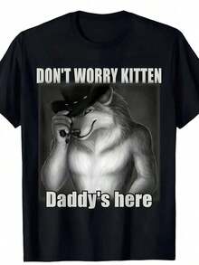 Summer Clothes Men Graphic TeesMen'S "Don't Worry Kitten Daddy'S Here" Alpha Wolf Cowboy Hat Humor T-Shirt - Black Regular Fit Short Sleeve, Machine Washable All-Season Casual Top, Bold Graphic Print, Fun Design, Durable Daily Wear Tee, Essential For Funny Loversy2k Clothes Men Streetwear - màu đen - Xem 12