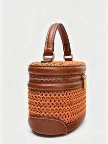 Bolso de mano tejido estilo vacacional, nuevo bolso de paja de moda, bolso de hombro casual con pliegues, bolso de pecho versátil - Teja - Ver 2