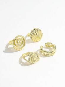 4pcs Fashionable Versatile Seashell & Scallop Zinc Alloy Rings, Multi-Element Stackable Scallop Ring Set For Women - Gold - View 2