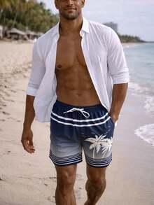Bañador de playa para hombre con degradado de color y estampado de palmera de coco, transpirable, con bolsillos laterales - azul real - Ver 3