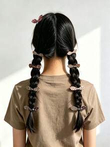 30pcs Girls' Beige Floral Bunny Ear Hair Clips, Brown Leopard Print Bow Hair Clips, Random Flower Patterns - Brown - View 2