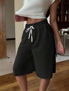 Women's Drawstring Waist Black Knit Wide Leg Bermuda Shorts, Casual - Pink - View 9
