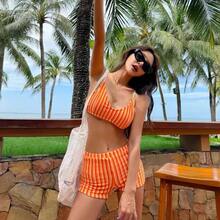 Women's Orange Striped Sexy Tie-Back Bikini For Small Busts, Three-Piece Hot Spring Swimsuit - Orange Three-piece Set (bra + Panties + Boxer Briefs) - View 2