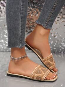 Women's Flat Sandals, Summer Pearl & Rhinestone Decor, Solid Color Open Toe, Comfortable Outdoor Elegant Daily Beach Slippers - Gold - View 5