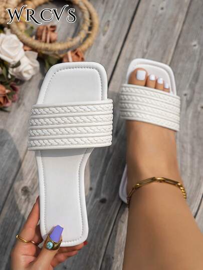 WRCVS 白色加大码宽楦凉鞋，纯色鞋，女士平底凉鞋，编织平底拖鞋，欧美时尚拖鞋，派对沙滩鞋，波西米亚风度假鞋，户外鞋