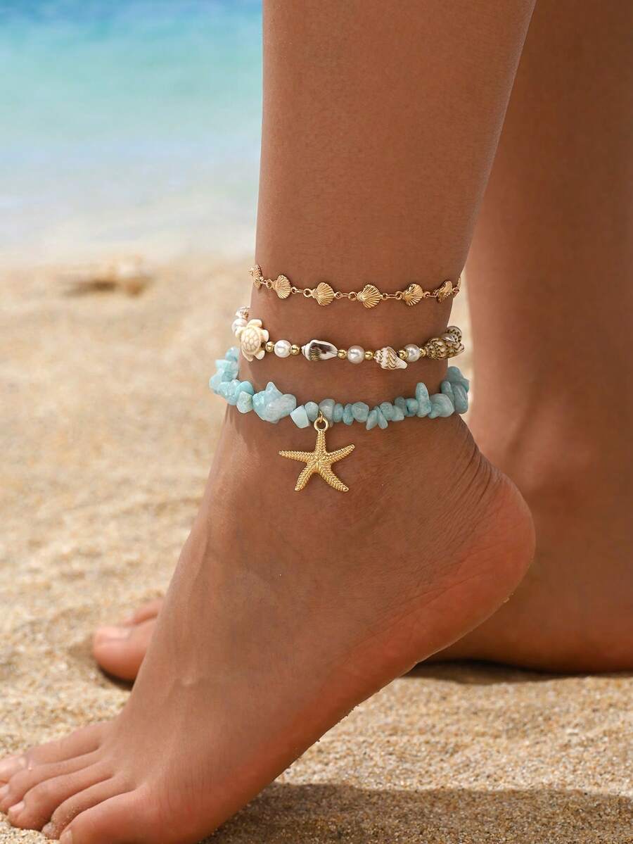 3pcs/Set Summer Beach Shell & Seashell Asymmetrical Blue Stone Design Foot Jewelry, Suitable For Beach, Vacation, Daily Wear, Travel, Date - Multicolor - View 1