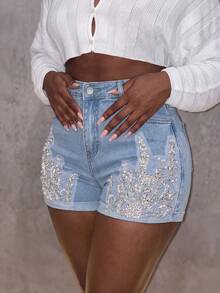 Sequin Embroidered Denim Shorts, Sexy Tight Stretch Shorts For Women Casual Summer - Light Wash - View 3