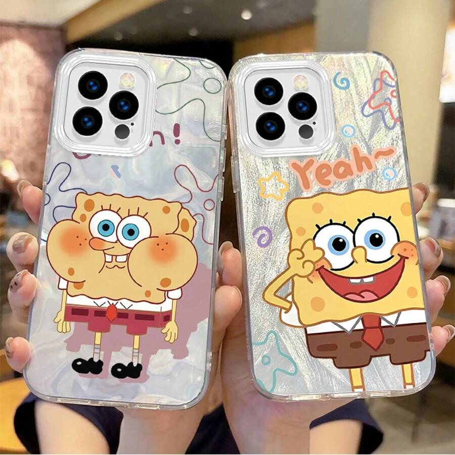 SpongeBob SquarePants Funda para teléfono, para, cubierta trasera de dibujos animados, linda, nueva, 15, 14, 13, 12, 11, 8, 7, Pro, Max, Plus, Xs, Xr17Air16 - Hilo de plumas C - Ver 1