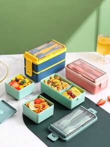 1 buah Kotak Makan Siang Plastik Dua Lapis Gaya Jepang, Set Kotak Bento Tahan Microwave untuk Pekerja Kantoran - MultiWarna - View 1