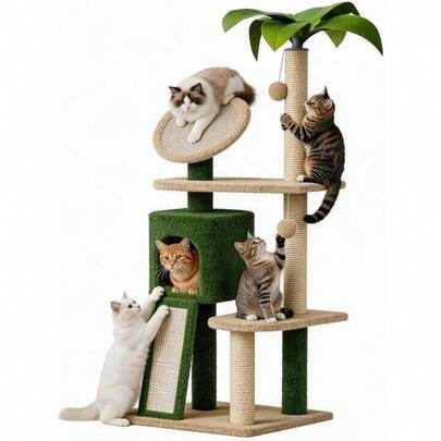57" Multi-Level Cat Tower With Hammock, Coconut Cat Tree With Green Leaves, Plush Cat House With Hang Ball Toy And Sisal Scratching Posts Furniture, Green