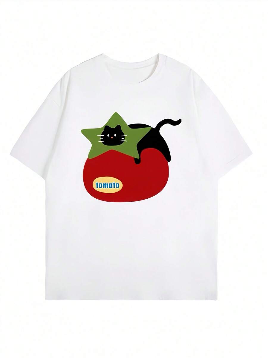 Women's T-Shirt With Tomato Print, Short Sleeve - Oversized, Loose-Fitting Summer Blouse With Round Neck, With Tomato, Fruit And Vegetable Motifs, Casual, Comfortable Leisurewear, Hand-Washable, Non-Stretch Fabric For Outfits In Hot Weather. - White - View 1