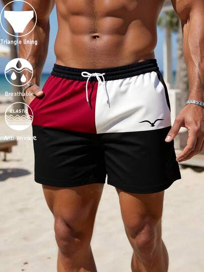 Men's Summer Printed Pattern Drawstring Waist Slant Pocket Hawaiian Quick-Dry Double-Layer Mesh Lined Shorts, Seagull Contrast Color 3D Artistic Print, Fashionable Casual Beach Resort Swim Trunks