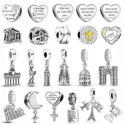 1pc Classic Architectural Series, Heart-Shaped Beads, Cross-Shaped Beads, House, Eiffel Tower, Statue Of Liberty, Roman Colosseum, Arc De Triomphe, Big Ben Pendant Charm Beads For Bracelets DIY Women's Jewelry