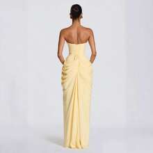 2026 New Asymmetrical Pleated High Slit French Romantic Strapless Dress Sexy Elegant Evening Party Dress - Màu xanh đậm - Xem 5