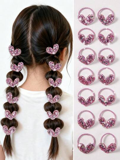 10ชิ้น/แพ็ค ยางรัดผมเด็กผู้หญิงประดับเลื่อมรูปหัวใจสีชมพู, น่ารัก & ใช้ได้หลากหลาย, เหมาะสำหรับใช้ในชีวิตประจำวัน