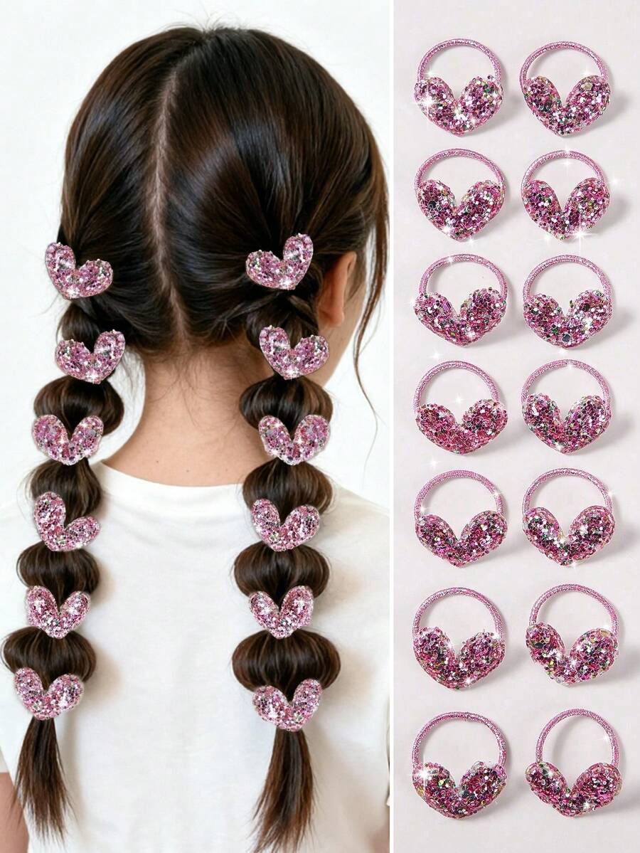Paquete de 10 piezas de lazos elásticos para el cabello con forma de corazón con lentejuelas brillantes de color rosa, lindos y versátiles, aptos para uso diario de niñas - Rosa - Ver 1