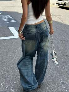 Women's Oversized Baggy Jeans - High Rise Gradient Wash Wide Leg Denim Trousers For Casual Daily Wear,Women's Spring Lightweight High Waist Baggy Wide Leg Jeans - Vintage Gradient Wash Casual Streetwear Pants,Spring Lightweight High Waist Gradient Wash Baggy Wide Leg Jeans - Women's Casual Streetwear Pants - Rửa bằng nước - Xem 2