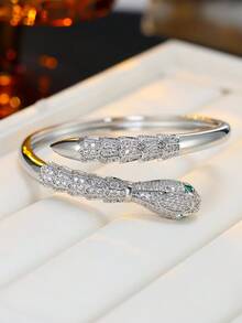 1 chiếc vòng tay hình rắn bằng vàng đính kim cương toàn phần có thể điều chỉnh, vòng tay hở đính pha lê sang trọng, trang sức đa năng phù hợp đeo hàng ngày. - vòng đeo tay - Xem 3