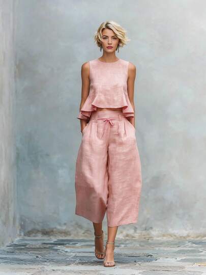 2026 New Summer Women Linen Blend Two Piece Set Ruffle Detail Casual Loose Fit Beachwear Outfit