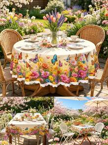 1pc Polyester Floral & Butterfly Pattern Tablecloth, Includes Round, Rectangular And Square Designs. Suitable For Kitchen, Wedding, Party And Outdoor Picnic Use, Washable Decorative Tablecloth. - A - View 2