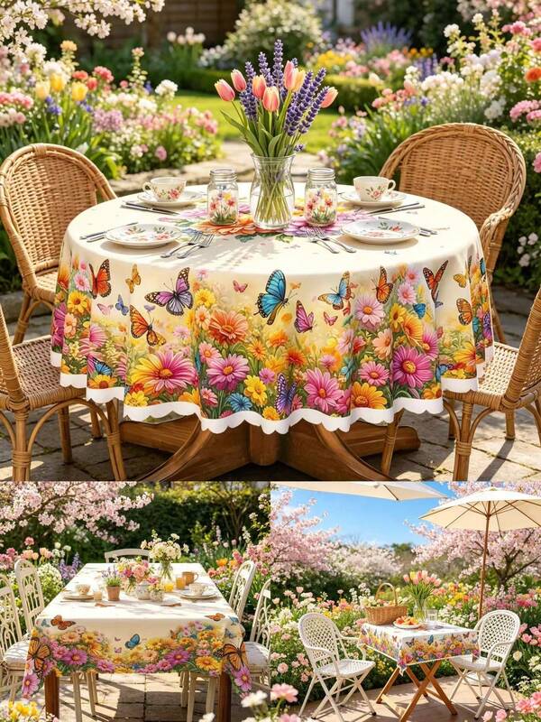 1pc Polyester Floral & Butterfly Pattern Tablecloth, Includes Round, Rectangular And Square Designs. Suitable For Kitchen, Wedding, Party And Outdoor Picnic Use, Washable Decorative Tablecloth.