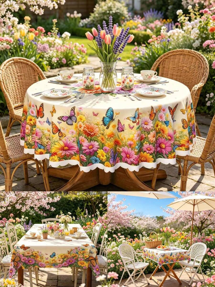 1pc Polyester Floral & Butterfly Pattern Tablecloth, Includes Round, Rectangular And Square Designs. Suitable For Kitchen, Wedding, Party And Outdoor Picnic Use, Washable Decorative Tablecloth.