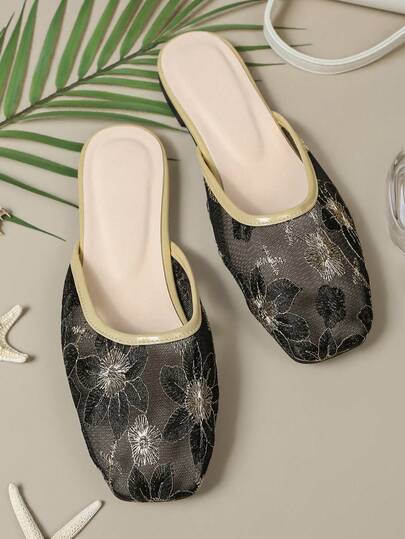 A Pair Of Gentle Mesh Embroidered Ballet Shoes, Retro Luxury Floral Embroidery Flat Closed Toe Slides, Black Gold Sheer Mesh With Exquisite Embroidery, Summer Lazy Outdoor Mules For Commute, Travel And Dating,Black