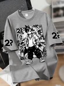 Áo thun dáng rộng in hình nhân vật anime dành cho thanh thiếu niên/nam, thích hợp mặc đi học, dự hội nghị, mặc hàng ngày và mùa hè. - Xám - Xem 1