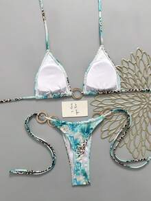 LUCKY HOLIDAY 2026 Fashionable Sexy Gold Hoop Triangle Tie-Side Bikini Swimwear Set Vacation Beach Summer - Mint Blue - View 5