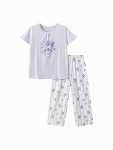 Bộ đồ ngủ Sanrio cho bé gái tuổi teen, đồ mặc nhà mùa hè, đồ ngủ hoạt hình, chất liệu mềm mại, thoáng khí, thoải mái, thích hợp cho điều hòa. - Tông màu tím - Xem 1