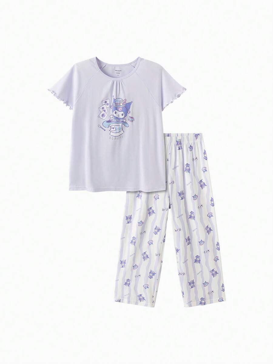 Bộ đồ ngủ Sanrio cho bé gái tuổi teen, đồ mặc nhà mùa hè, đồ ngủ hoạt hình, chất liệu mềm mại, thoáng khí, thoải mái, thích hợp cho điều hòa. - Tông màu tím - Xem 1