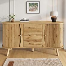 Pea-Shaped Sideboard With Grooved Design, Two Sliding Doors + Three Drawers, Height-Adjustable Compartments, Solid Wood Legs, Wood Look, MDF Material, Modern Scandinavian Style - Natural - View 5