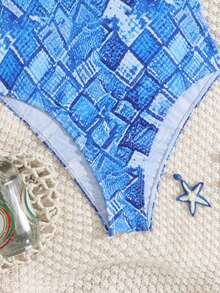 蓝色牛仔拼接格子露背深V领系带连体泳衣 女士夏季沙滩度假泳装 - 彩色 - 查看 4