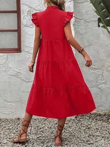 Vestido de esmoquin con cuello en pico y ribete de volantes para ropa de Año Nuevo, vestidos largos para vacaciones y atuendos de playa para mujeres - Rojo - Ver 2