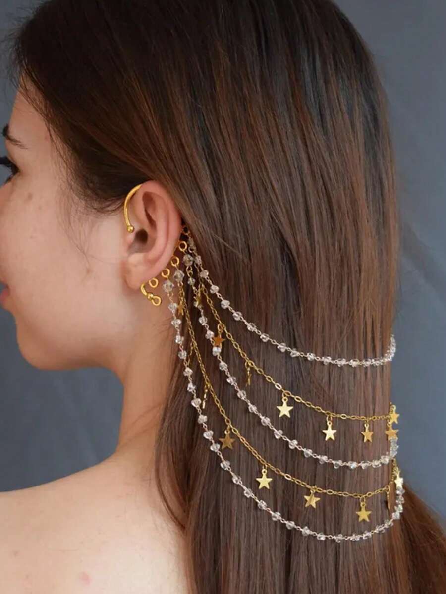 INS Style Crystal Star Tassel Multi-Layer Hair Accessory Chain, Fashionable Decorative Hair Clip Suitable For Women To Wear At Weddings And Parties,Festival,Party, Head Jewelry, Head Chain, Headpiece - Gold - View 1