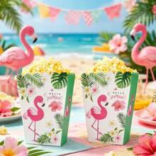 6 PEÇAS Caixa de Pipoca com Estampa de Flamingo, Caixa de Pipoca com Flamingo em Onda de Planta Verde, Adequada para Festas de Aniversário, Batizados, Festas de Noiva, Festas Tropicais - Visão 2
