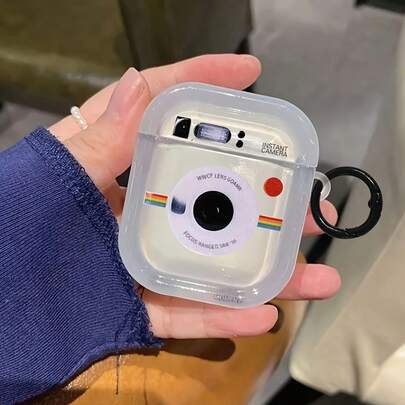 1个苹果耳机保护套，极简创意半透明复古相机框造型，带黑色指环支架