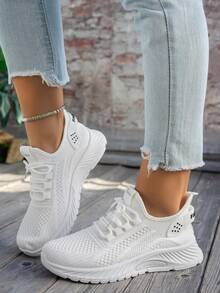 4-Season New Road Running Shoes, Walking Shoes, Commuting Shoes, Knitted Mesh Upper, Breathable, Lace-Up, Comfortable, Elastic, Soft Sole, Casual Sports Shoes, Sneakers, Running Shoes, Outdoor Hiking Shoes, Fitness Shoes, All-Season Shoes - White - View 3