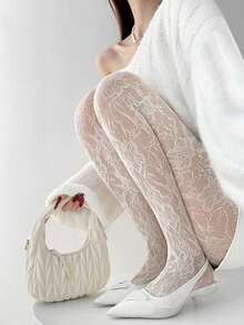 Nuevas medias de rejilla vintage con patrón floral de rosa francesa en beige, medias de rejilla sexy huecas de color marrón y negro para mujeres, para vestidos, como regalo de Navidad - Blanco - Ver 8