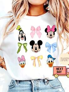 Vintage Minnie Mouse Sketch Portrait Tops De Mujer, Enchanting Disney Art Graphic T-Shirt, Elegant Nostalgic Minnie Short Sleeve Tee, Dreamy Disneyland Girls Trip 2026 Casual Outfit, Soft Breathable Themed Vacation Wardrobe Essential - 白色 - 查看 1