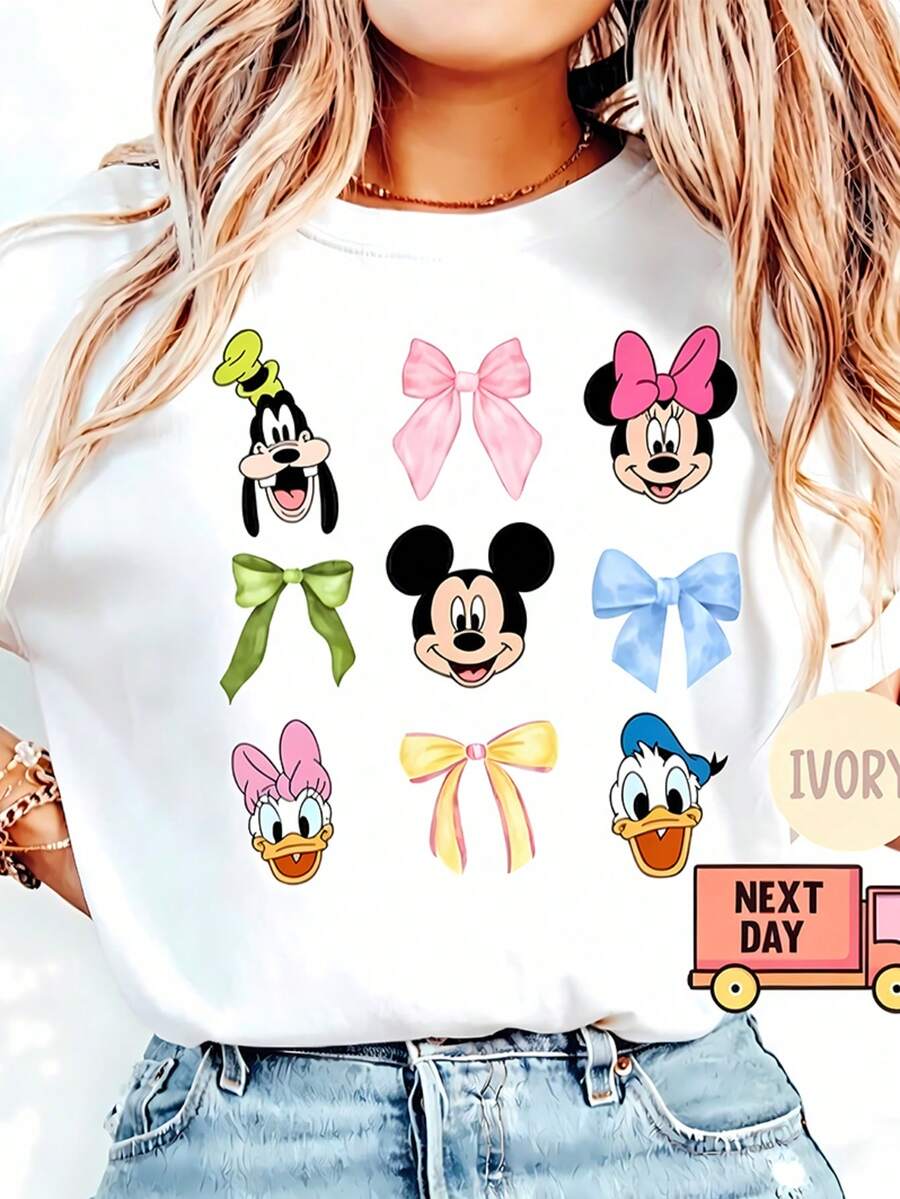 Vintage Minnie Mouse Sketch Portrait Tops De Mujer, Enchanting Disney Art Graphic T-Shirt, Elegant Nostalgic Minnie Short Sleeve Tee, Dreamy Disneyland Girls Trip 2026 Casual Outfit, Soft Breathable Themed Vacation Wardrobe Essential - 白色 - 查看 1